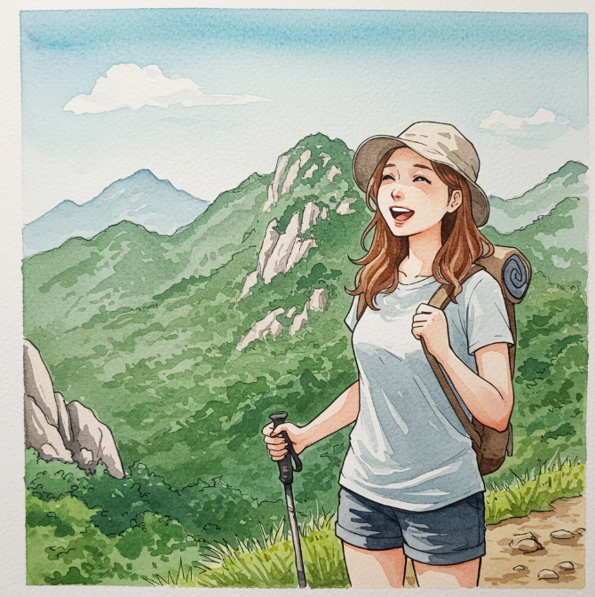 산이 좋은 여성 등산인